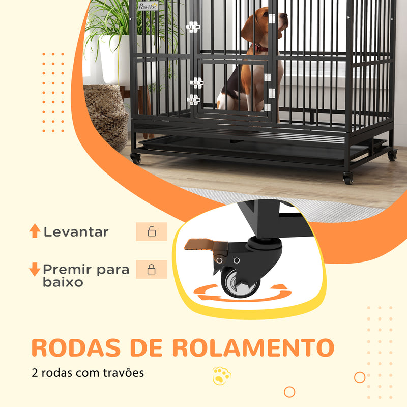 Gaiola para Cães Grandes 123x74x125 cm Canil Metálico com Rodas Bandeja Removível Trancas 2 Portas Frontais 1 Porta no Teto e Estrutura de Aço Preto