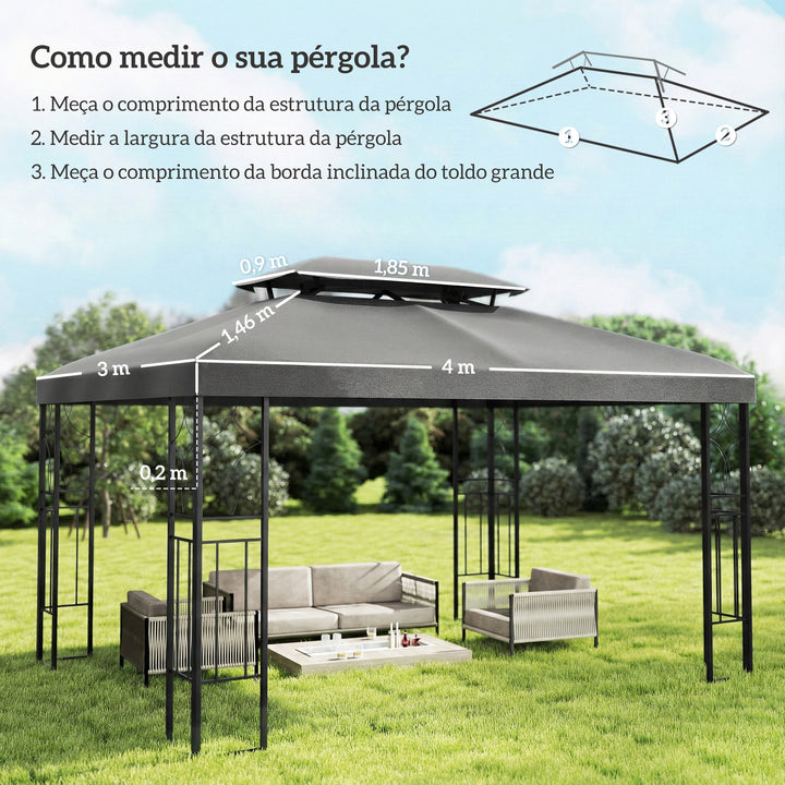 Teto de Substituição para Pérgola 3x4 m com Teto Duplo, 10 Orifícios de Drenagem e Proteção UV, Apenas Cobertura de Substituição, Cor Cinza