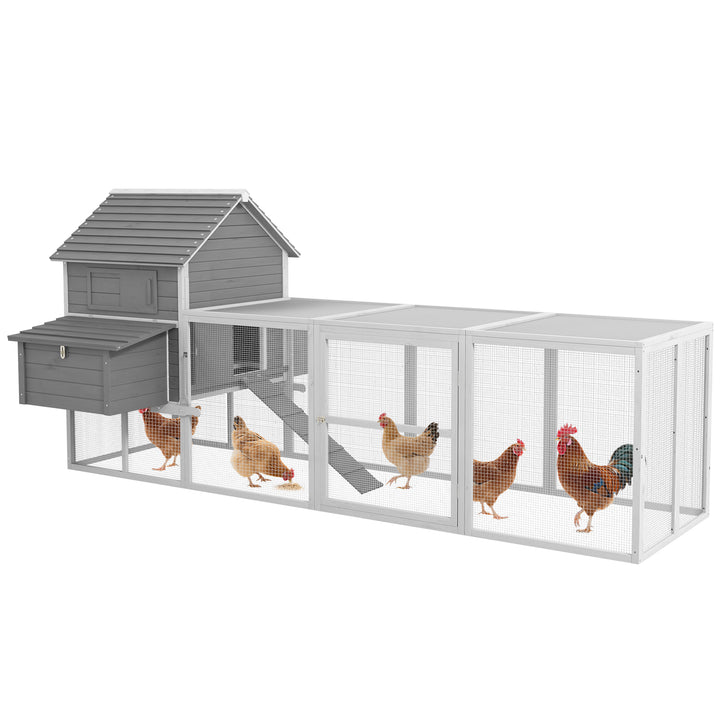 Galinheiro Grande de Madeira 310,5x149,5x149 cm Gaiola para Galinhas com 2 Janelas Portas Ninho Bandeja Amovível e Rampa para Exterior Cinza