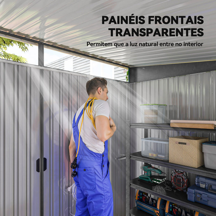 Abrigo de Jardim 4,5 m² 260x194x200 cm Abrigo Exterior Metálico com Painéis Frontais Transparentes e 2 Portas Deslizantes para Armazenamento de Ferramentas Cinzento