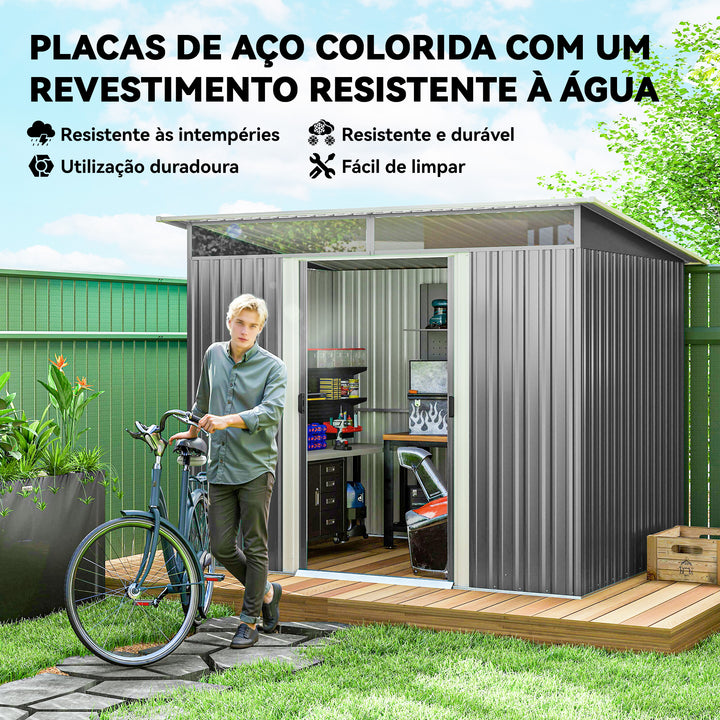 Abrigo de Jardim 4,5 m² 260x194x200 cm Abrigo Exterior Metálico com Painéis Frontais Transparentes e 2 Portas Deslizantes para Armazenamento de Ferramentas Cinzento