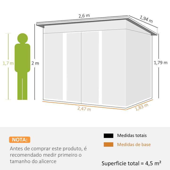 Abrigo de Jardim 4,5 m² 260x194x200 cm Abrigo Exterior Metálico com Painéis Frontais Transparentes e 2 Portas Deslizantes para Armazenamento de Ferramentas Cinzento