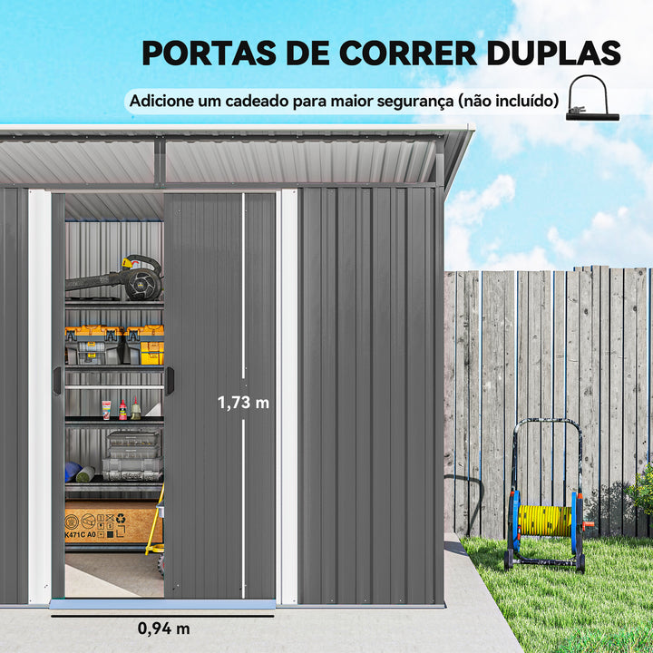 Abrigo de Jardim 4,5 m² 260x194x200 cm Abrigo Exterior Metálico com Painéis Frontais Transparentes e 2 Portas Deslizantes para Armazenamento de Ferramentas Cinzento