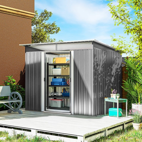 Abrigo de Jardim 4,5 m² 260x194x200 cm Abrigo Exterior Metálico com Painéis Frontais Transparentes e 2 Portas Deslizantes para Armazenamento de Ferramentas Cinzento