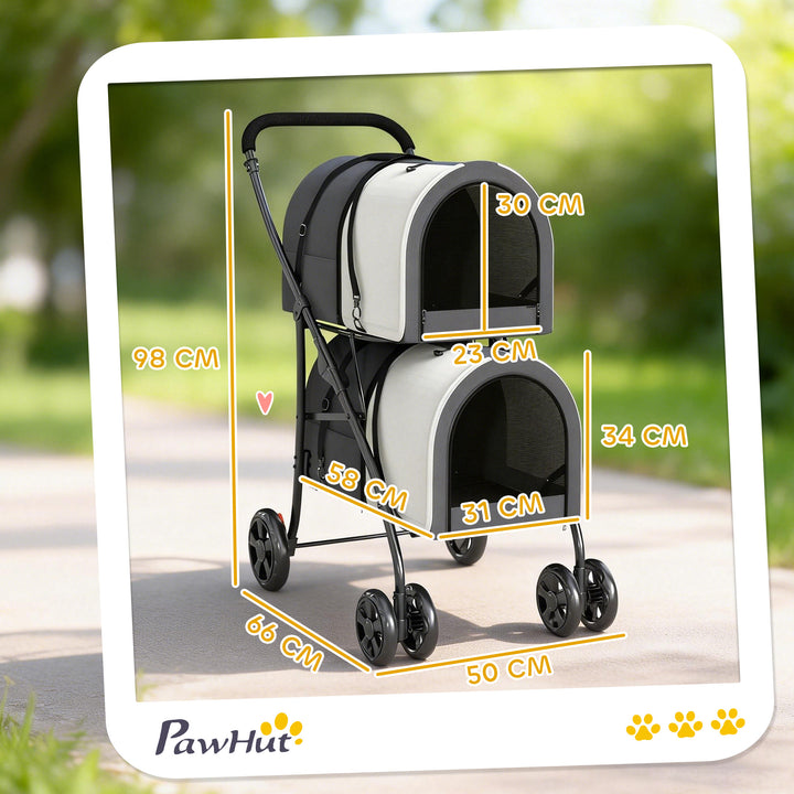 Carrinho Duplo para Cães e Gatos Dobrável com 2 Transportadoras Removíveis Cinto de Segurança Bolsos Laterais e 2 Almofadas Cada Compartimento Suporta 10 kg 66x50x98 cm Cinzento Escuro