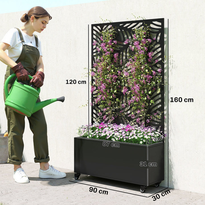 Floreira Exterior Grande de Metal com Roda Floreira com Painel de Privacidade com Folhas de Monstera Floreira com Suporte para Trepadeiras Pátio Terraço 90x30x160 cm, Preto