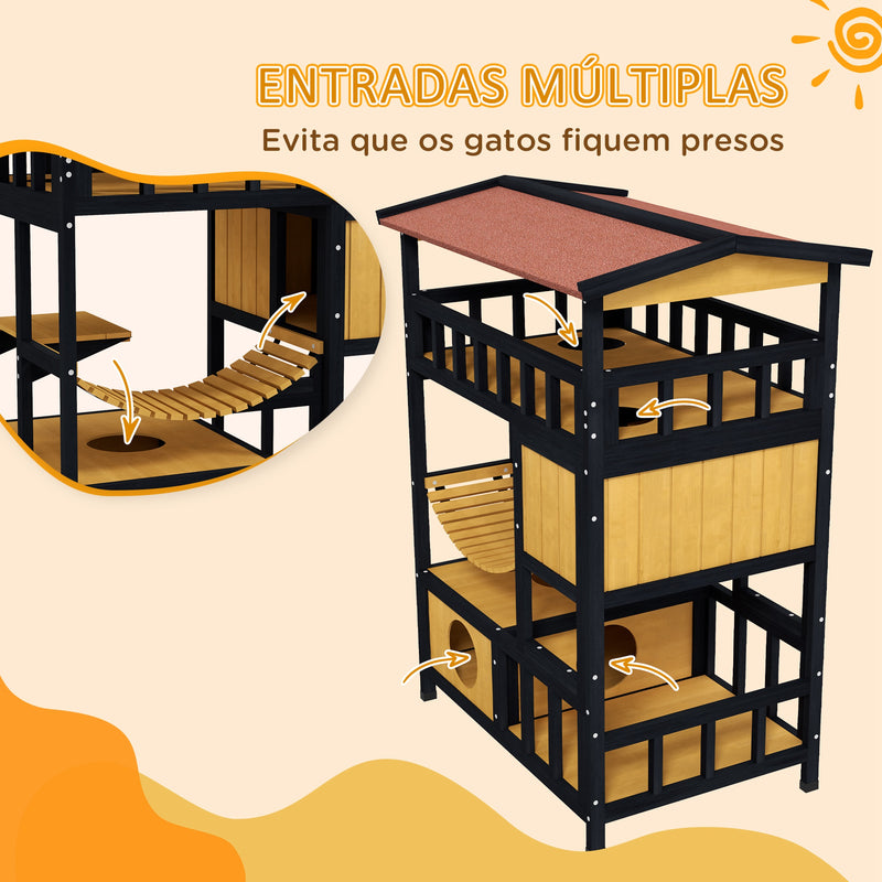 Casa para Gatos de Madeira 84x60x116 cm Abrigo para Gatos de 4 Níveis para Exterior com Ponte Suspensa Varanda e Telhado Asfáltico Natural