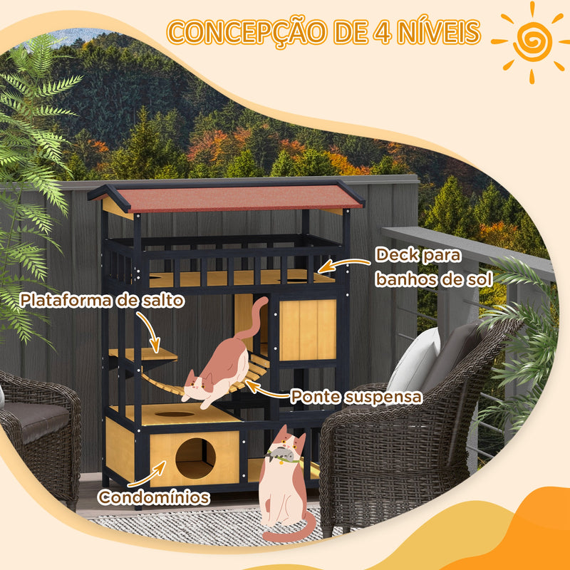 Casa para Gatos de Madeira 84x60x116 cm Abrigo para Gatos de 4 Níveis para Exterior com Ponte Suspensa Varanda e Telhado Asfáltico Natural