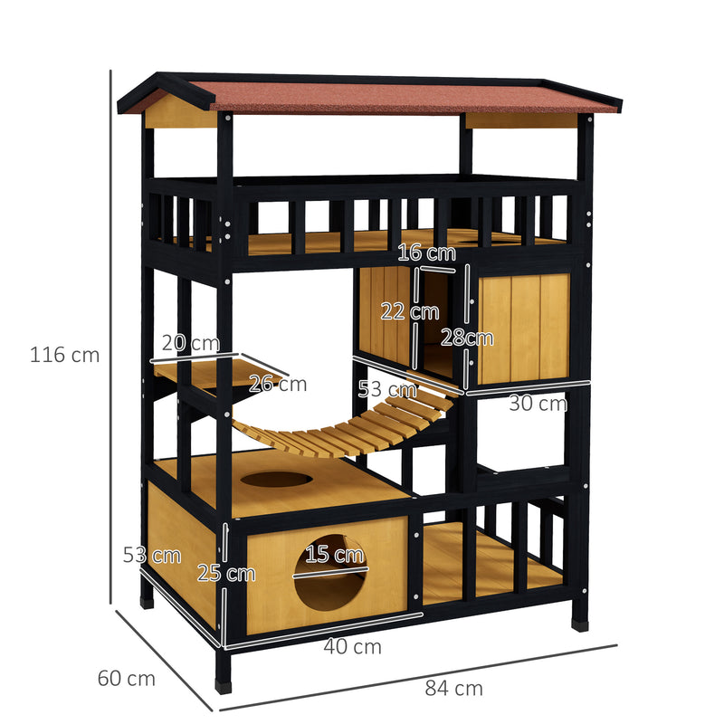 Casa para Gatos de Madeira 84x60x116 cm Abrigo para Gatos de 4 Níveis para Exterior com Ponte Suspensa Varanda e Telhado Asfáltico Natural