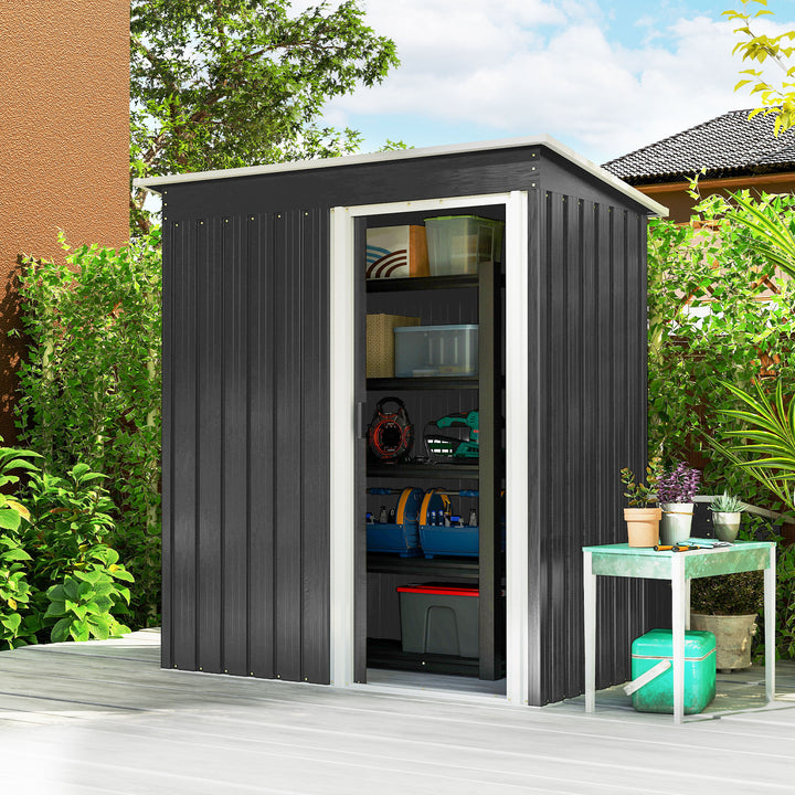 Abrigo de Jardim Exterior 1,5 m² 163x89x182 cm Abrigo Metálico para Ferramentas com Porta de Correr e Teto Inclinado para Pátio Preto