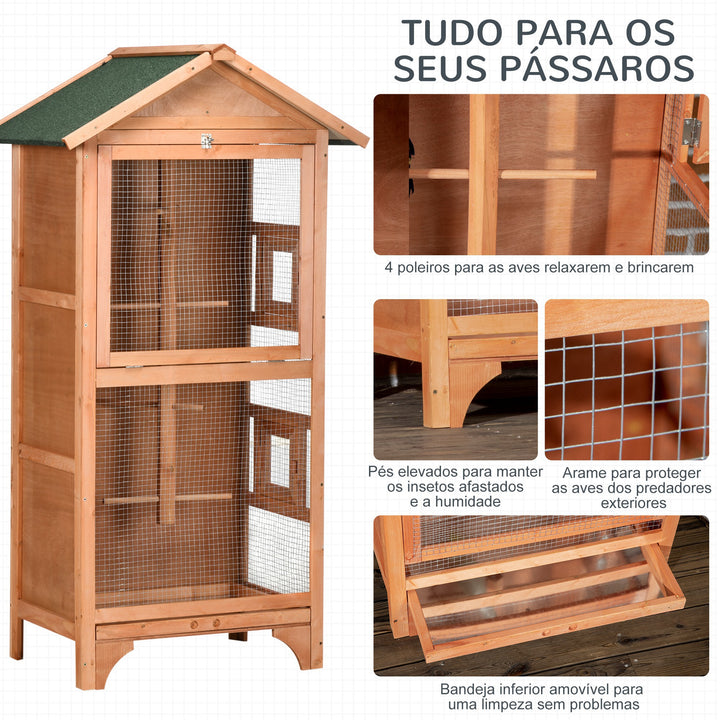 Gaiola para Pássaros Gaiola para Pássaros de Madeira com 3 Portas 4 Poleiros Bandeja Amovível e Teto Asfáltico 80,5x57x153 cm Natural