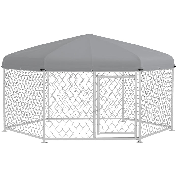Canil de Exterior Hexagonal Gaiola para Cães com Porta Estrutura de Aço Galvanizado e Toldo Impermeável e Anti-UV 210x185x150 cm Prata