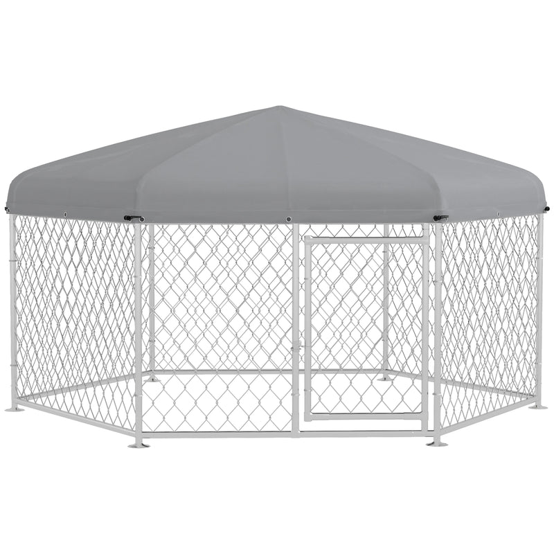 Canil de Exterior Hexagonal Gaiola para Cães com Porta Estrutura de Aço Galvanizado e Toldo Impermeável e Anti-UV 210x185x150 cm Prata