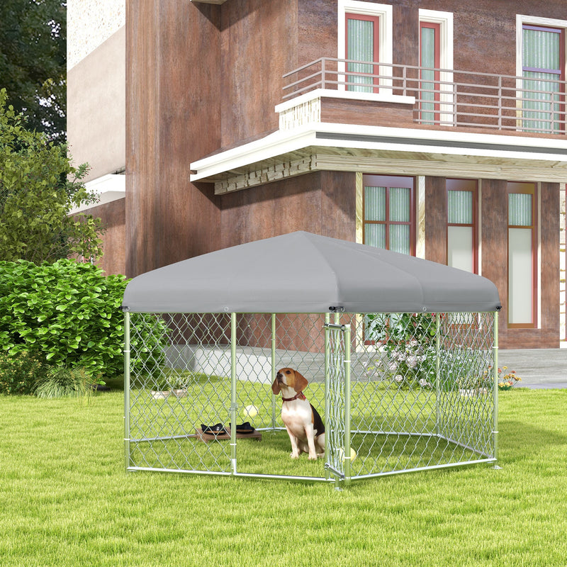 Canil de Exterior Hexagonal Gaiola para Cães com Porta Estrutura de Aço Galvanizado e Toldo Impermeável e Anti-UV 210x185x150 cm Prata