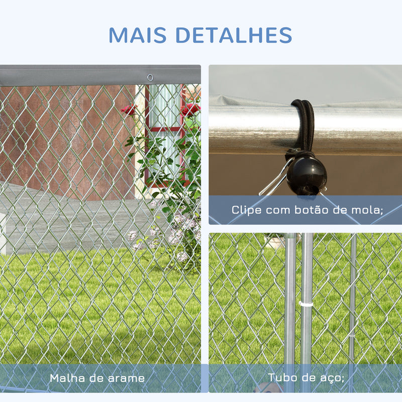 Canil de Exterior Hexagonal Gaiola para Cães com Porta Estrutura de Aço Galvanizado e Toldo Impermeável e Anti-UV 210x185x150 cm Prata