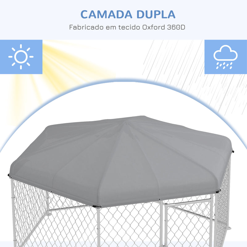 Canil de Exterior Hexagonal Gaiola para Cães com Porta Estrutura de Aço Galvanizado e Toldo Impermeável e Anti-UV 210x185x150 cm Prata