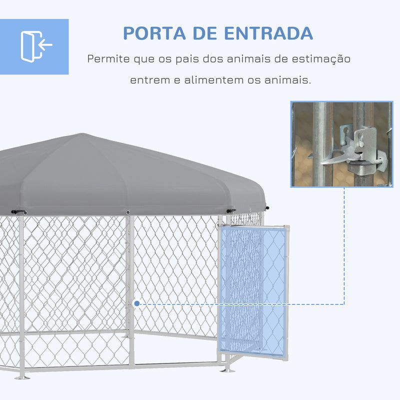 Canil de Exterior Hexagonal Gaiola para Cães com Porta Estrutura de Aço Galvanizado e Toldo Impermeável e Anti-UV 210x185x150 cm Prata