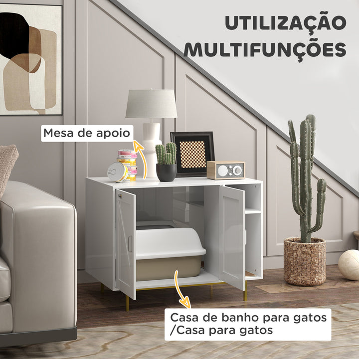 Móvel Caixa de Areia para Gatos Caixa de Areia para Gatos com Almofada para Arranhar e Compartimento de Arrumação Caixa de Areia para Gatos Sala de Estar Dormitório 80x50x61 cm Branco