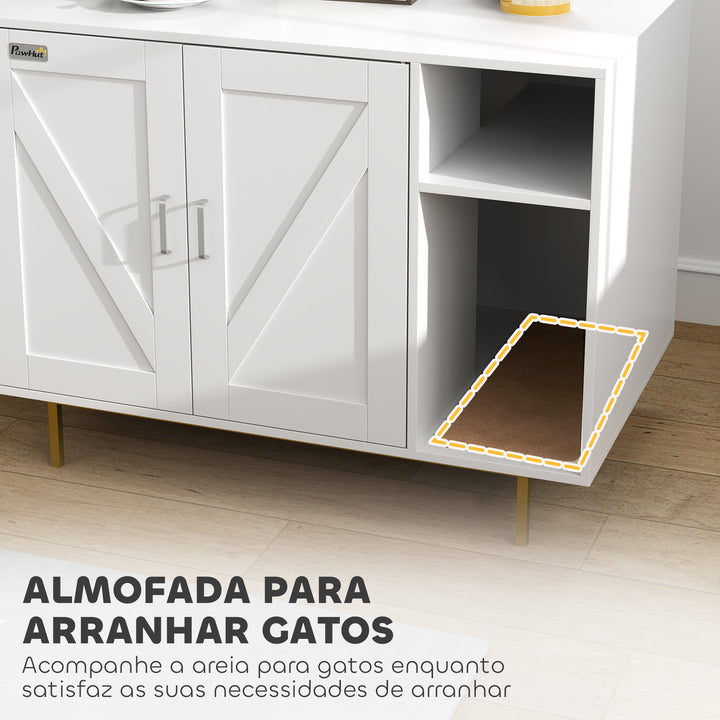 Móvel Caixa de Areia para Gatos Caixa de Areia para Gatos com Almofada para Arranhar e Compartimento de Arrumação Caixa de Areia para Gatos Sala de Estar Dormitório 80x50x61 cm Branco