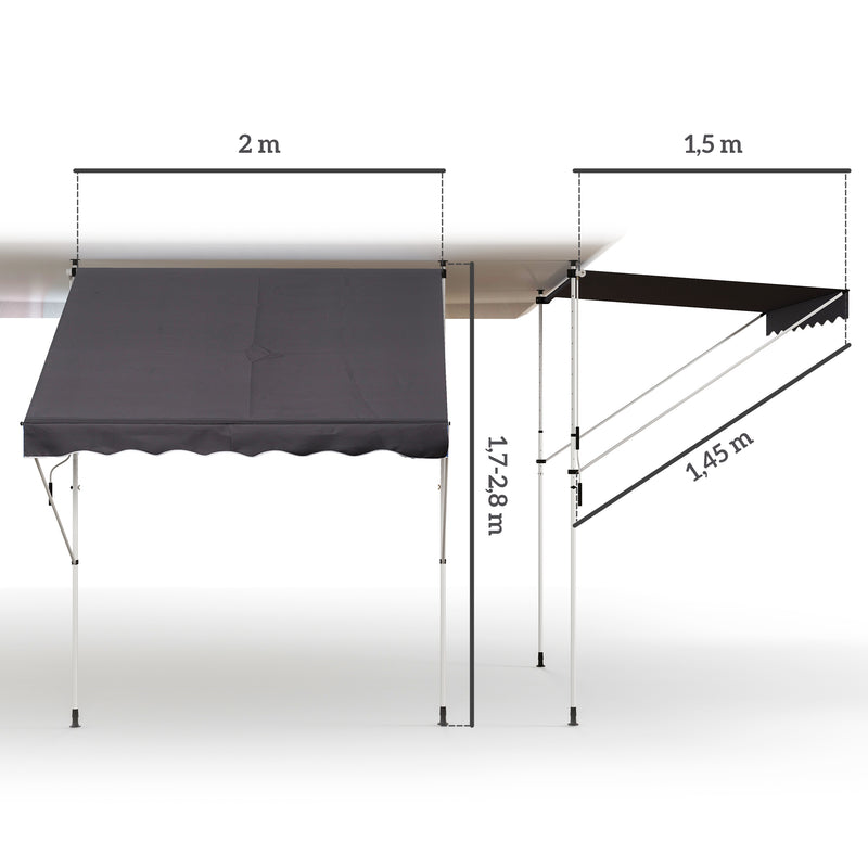 Toldo Manual Retrátil 200x150 cm com Manivela de Alumínio Ângulo Ajustável Proteção Solar para Varanda Jardim Pátio Cinza