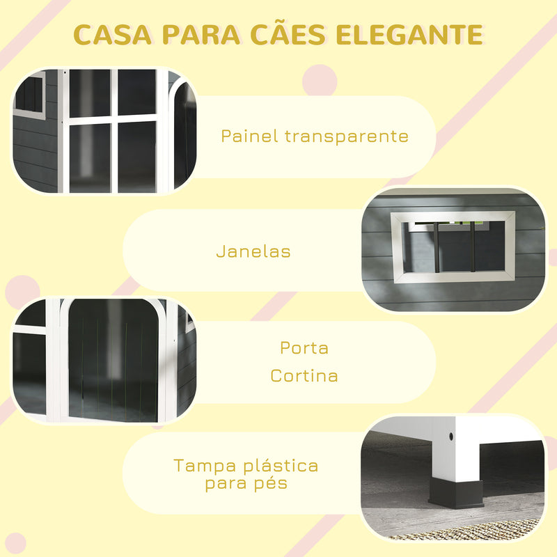 Casa para Cães de Madeira 101x66,5x70,5cm Casa para Animais de Estimação com Teto Abatível Frontal de Acrílico Porta com Cortina e Fundo Amovível Cinza Escuro