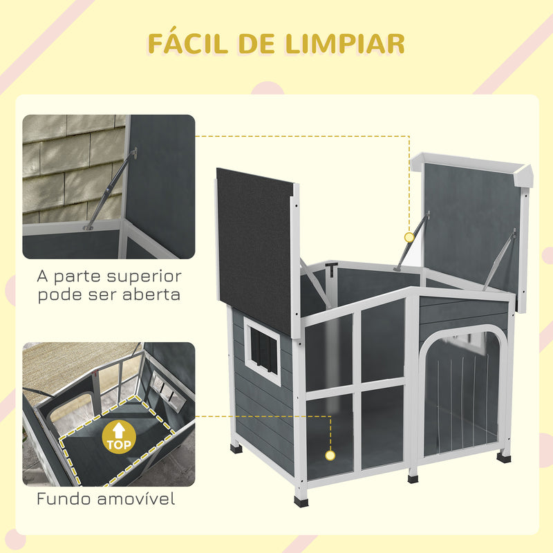 Casa para Cães de Madeira 101x66,5x70,5cm Casa para Animais de Estimação com Teto Abatível Frontal de Acrílico Porta com Cortina e Fundo Amovível Cinza Escuro