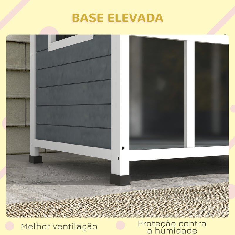 Casa para Cães de Madeira 101x66,5x70,5cm Casa para Animais de Estimação com Teto Abatível Frontal de Acrílico Porta com Cortina e Fundo Amovível Cinza Escuro