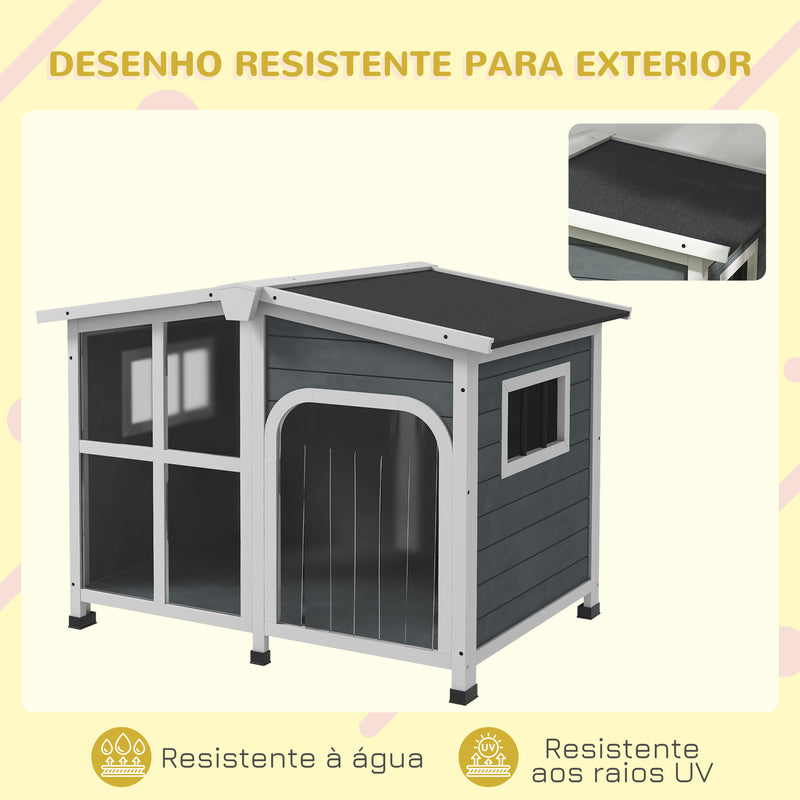 Casa para Cães de Madeira 101x66,5x70,5cm Casa para Animais de Estimação com Teto Abatível Frontal de Acrílico Porta com Cortina e Fundo Amovível Cinza Escuro