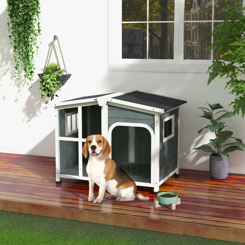 Casa para Cães de Madeira 101x66,5x70,5cm Casa para Animais de Estimação com Teto Abatível Frontal de Acrílico Porta com Cortina e Fundo Amovível Cinza Escuro