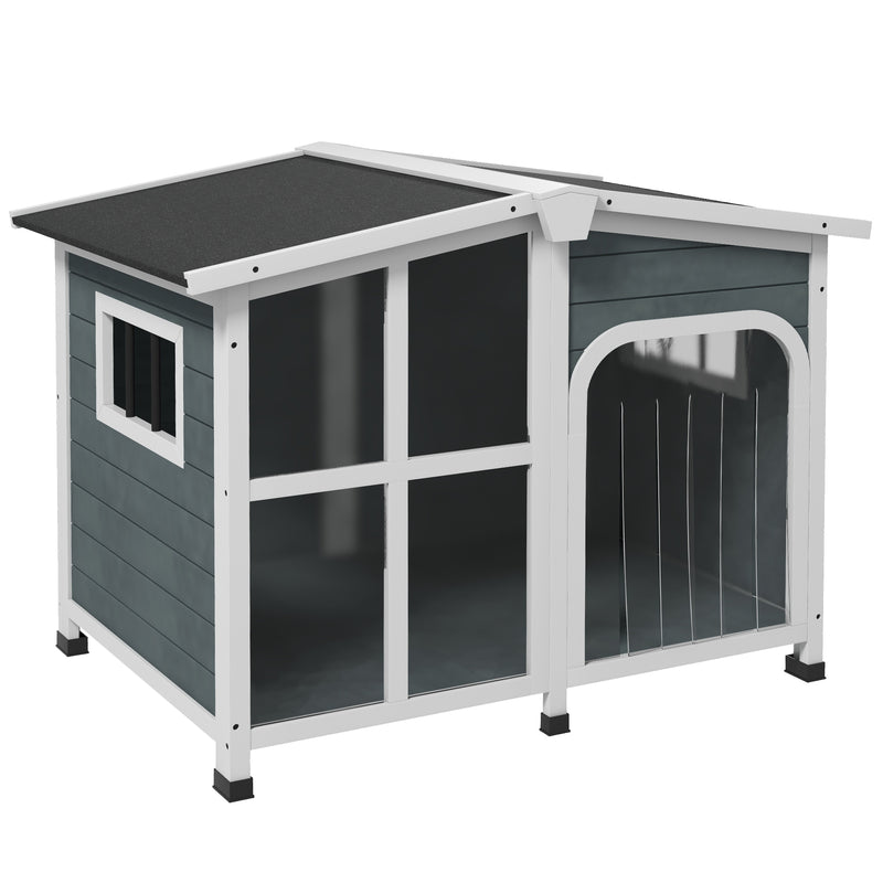 Casa para Cães de Madeira 101x66,5x70,5cm Casa para Animais de Estimação com Teto Abatível Frontal de Acrílico Porta com Cortina e Fundo Amovível Cinza Escuro