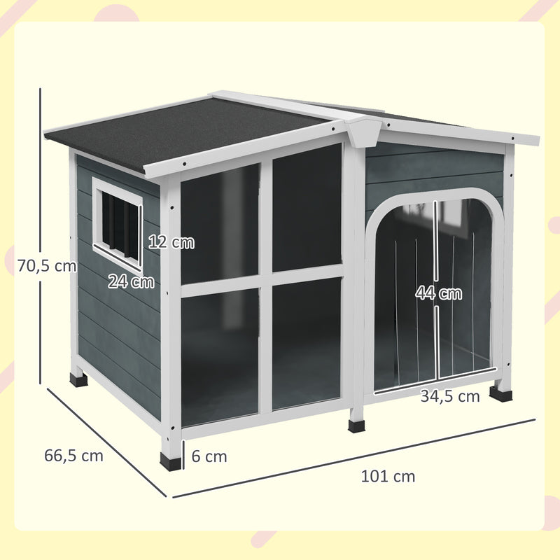 Casa para Cães de Madeira 101x66,5x70,5cm Casa para Animais de Estimação com Teto Abatível Frontal de Acrílico Porta com Cortina e Fundo Amovível Cinza Escuro