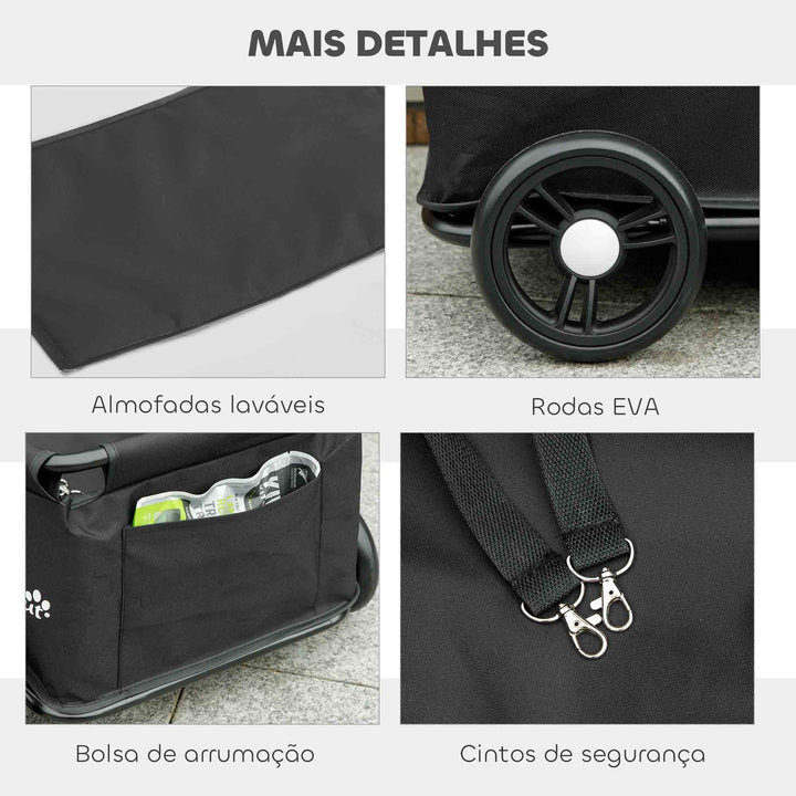 Carrinho para Cães Dobrável Carrinho para Animais de Estimação Carrinho para Cães Miniatura com Barra de Empurre Ajustável Desenho Aberto Almofada Bolsa de Armazenamento e Rodas 53x45x28 cm Preto