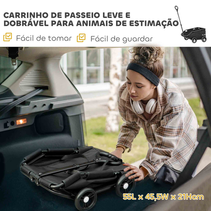 Carrinho para Cães Dobrável Carrinho para Animais de Estimação Carrinho para Cães Miniatura com Barra de Empurre Ajustável Desenho Aberto Almofada Bolsa de Armazenamento e Rodas 53x45x28 cm Preto