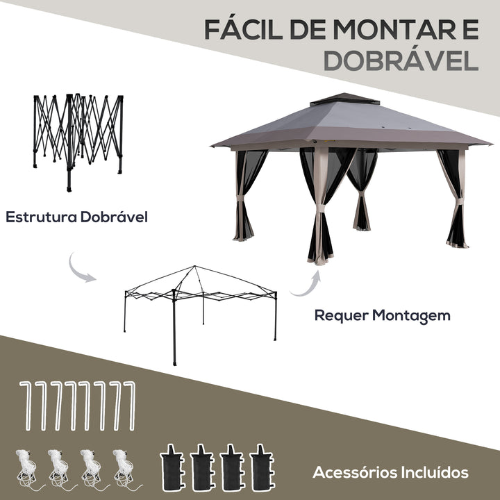 Tenda Dobrável Pop-up 4x4x2,8 m Tenda de Jardim com Altura Ajustável Anti-UV Impermeável Telhado Duplo Redes Mosquiteiras e Bolsa com Rodas para Exterior Festas Camping Cinzento Claro
