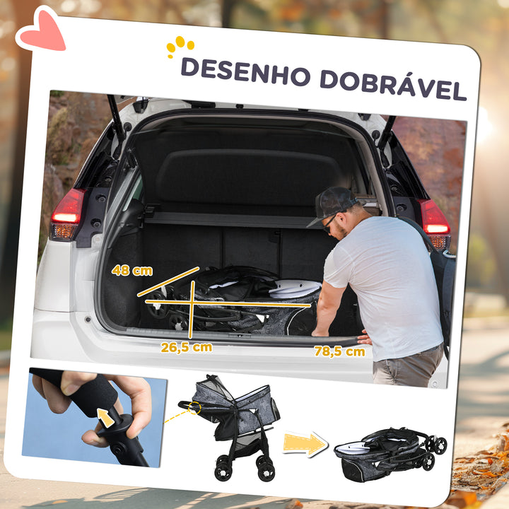 Carrinho para Cães Dobrável Carrinho para Animais de Estimação Carrinho para Cães Pequenos com Cesta de Armazenamento Capota Ajustável Janela de Malha e 2 Rodas Universais 81x48x99 cm Cinza