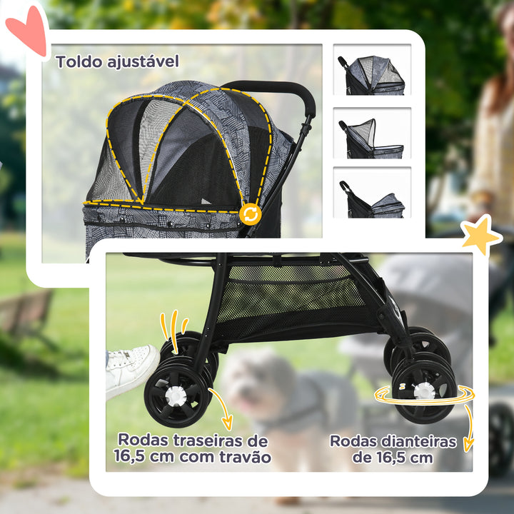 Carrinho para Cães Dobrável Carrinho para Animais de Estimação Carrinho para Cães Pequenos com Cesta de Armazenamento Capota Ajustável Janela de Malha e 2 Rodas Universais 81x48x99 cm Cinza