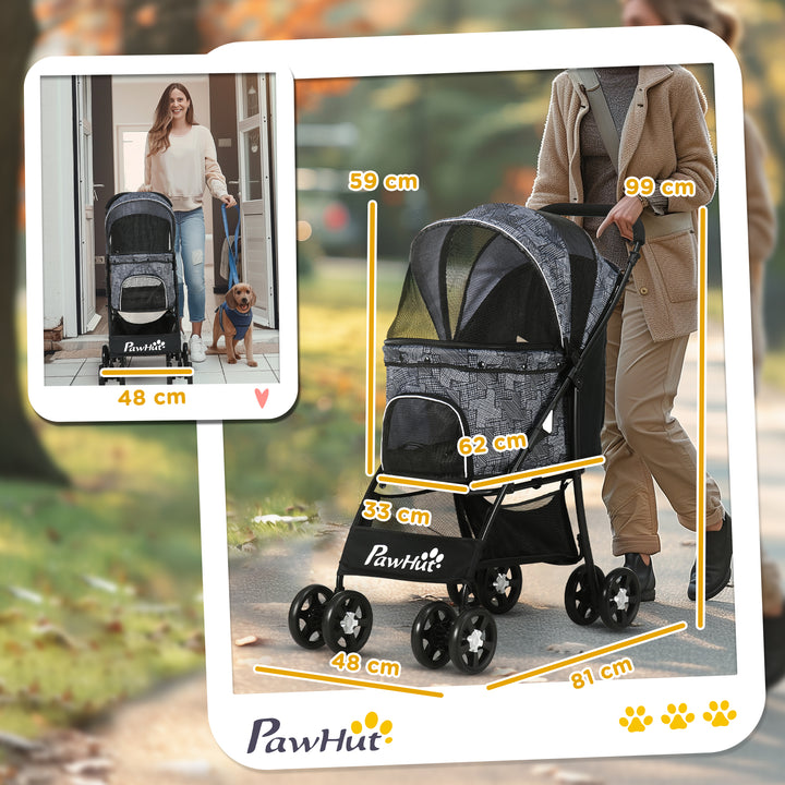 Carrinho para Cães Dobrável Carrinho para Animais de Estimação Carrinho para Cães Pequenos com Cesta de Armazenamento Capota Ajustável Janela de Malha e 2 Rodas Universais 81x48x99 cm Cinza