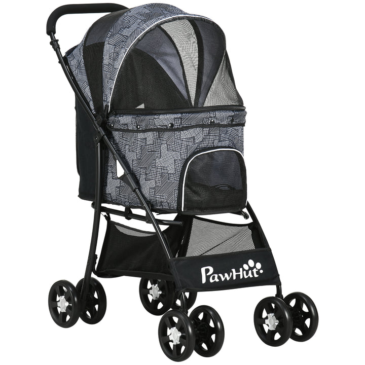 Carrinho para Cães Dobrável Carrinho para Animais de Estimação Carrinho para Cães Pequenos com Cesta de Armazenamento Capota Ajustável Janela de Malha e 2 Rodas Universais 81x48x99 cm Cinza