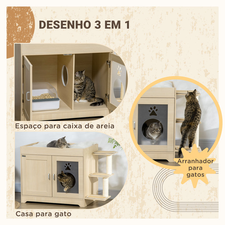 Caixa de Areia para Gatos de Madeira com 2 Portas Móvel para Caixa de Areia com Cama Almofada Suave 3 Plataformas e Postes de Sisal 107x54x70cm Carvalho