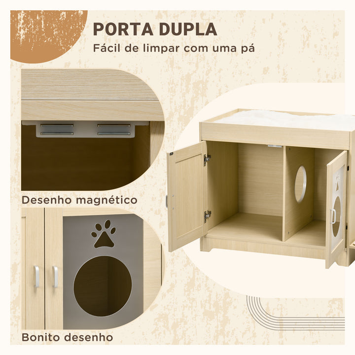 Caixa de Areia para Gatos de Madeira com 2 Portas Móvel para Caixa de Areia com Cama Almofada Suave 3 Plataformas e Postes de Sisal 107x54x70cm Carvalho