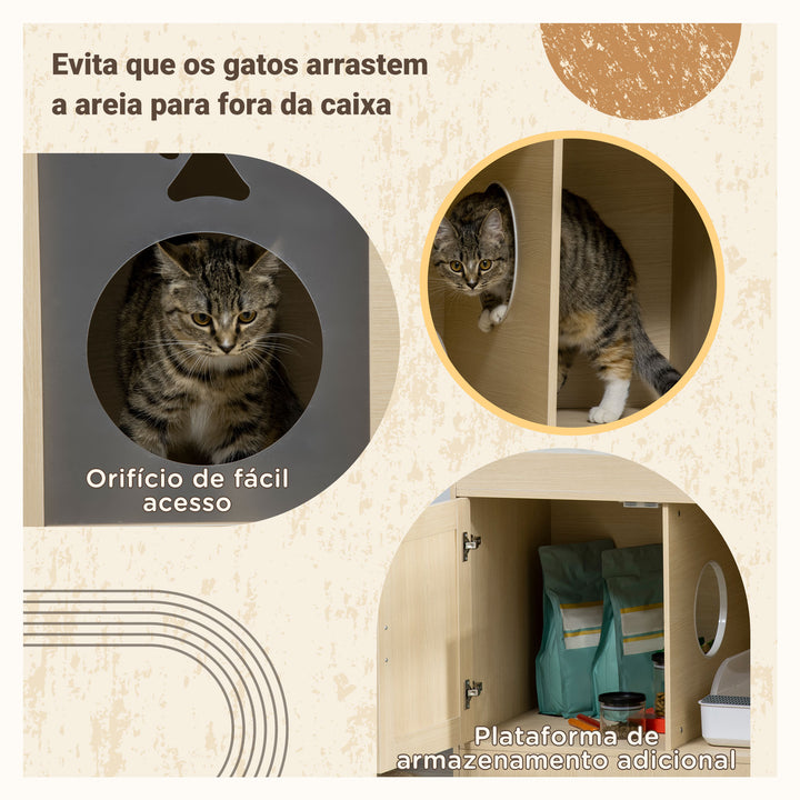 Caixa de Areia para Gatos de Madeira com 2 Portas Móvel para Caixa de Areia com Cama Almofada Suave 3 Plataformas e Postes de Sisal 107x54x70cm Carvalho