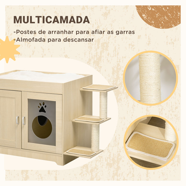 Caixa de Areia para Gatos de Madeira com 2 Portas Móvel para Caixa de Areia com Cama Almofada Suave 3 Plataformas e Postes de Sisal 107x54x70cm Carvalho