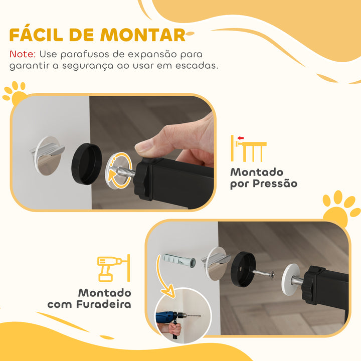 Barreira de Segurança de Cães Animais de Estimação para Escadas e Portas 74-94 cm com 1 Extensão Fechamento Automático e Sistema de Duplo Bloqueio Aço Preto