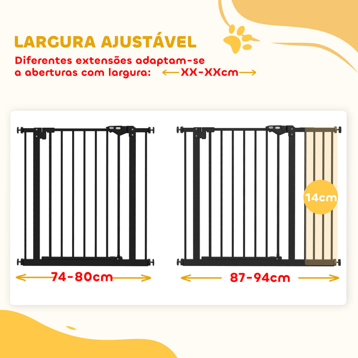 Barreira de Segurança de Cães Animais de Estimação para Escadas e Portas 74-94 cm com 1 Extensão Fechamento Automático e Sistema de Duplo Bloqueio Aço Preto