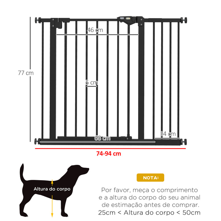 Barreira de Segurança de Cães Animais de Estimação para Escadas e Portas 74-94 cm com 1 Extensão Fechamento Automático e Sistema de Duplo Bloqueio Aço Preto