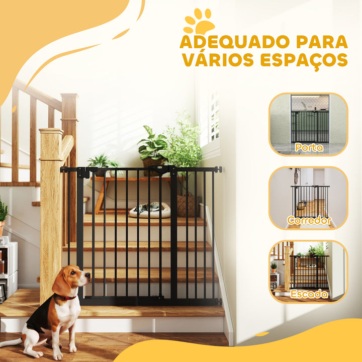 Barreira de Segurança de Cães Animais de Estimação para Escadas e Portas 74-94 cm com 1 Extensão Fechamento Automático e Sistema de Duplo Bloqueio Aço Preto