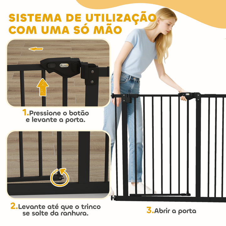 Barreira de Segurança de Cães Animais de Estimação para Escadas e Portas 74-94 cm com 1 Extensão Fechamento Automático e Sistema de Duplo Bloqueio Aço Preto