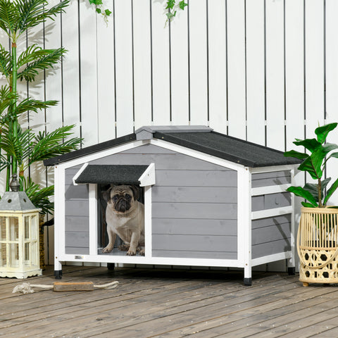 Casa para Cães de Madeira 97x72x65 cm Casa para Animais de Estimação com Teto Asfáltico 2 Janelas Porta com Cortina e Base Amovível Cinza