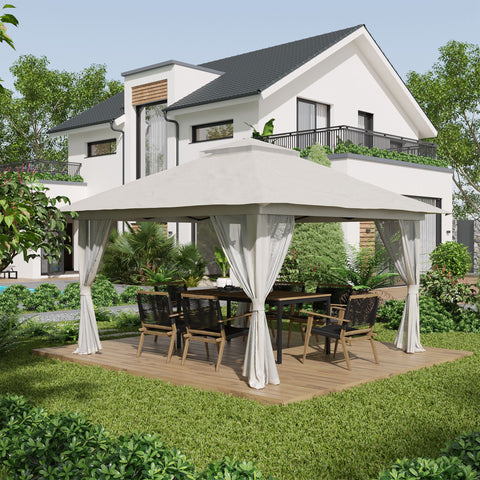 Tenda Dobrável Pop-UP 3,92x3,92x2,83m Tenda de Jardim com Altura Ajustável Proteção UV50+ Teto Duplo Rede Mosquiteira e Bolsa de Transporte com Rodas para Festas Campismo Bege