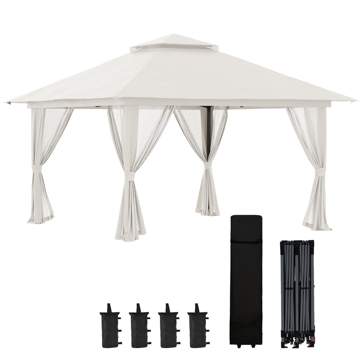 Tenda Dobrável Pop-UP 3,92x3,92x2,83m Tenda de Jardim com Altura Ajustável Proteção UV50+ Teto Duplo Rede Mosquiteira e Bolsa de Transporte com Rodas para Festas Campismo Bege